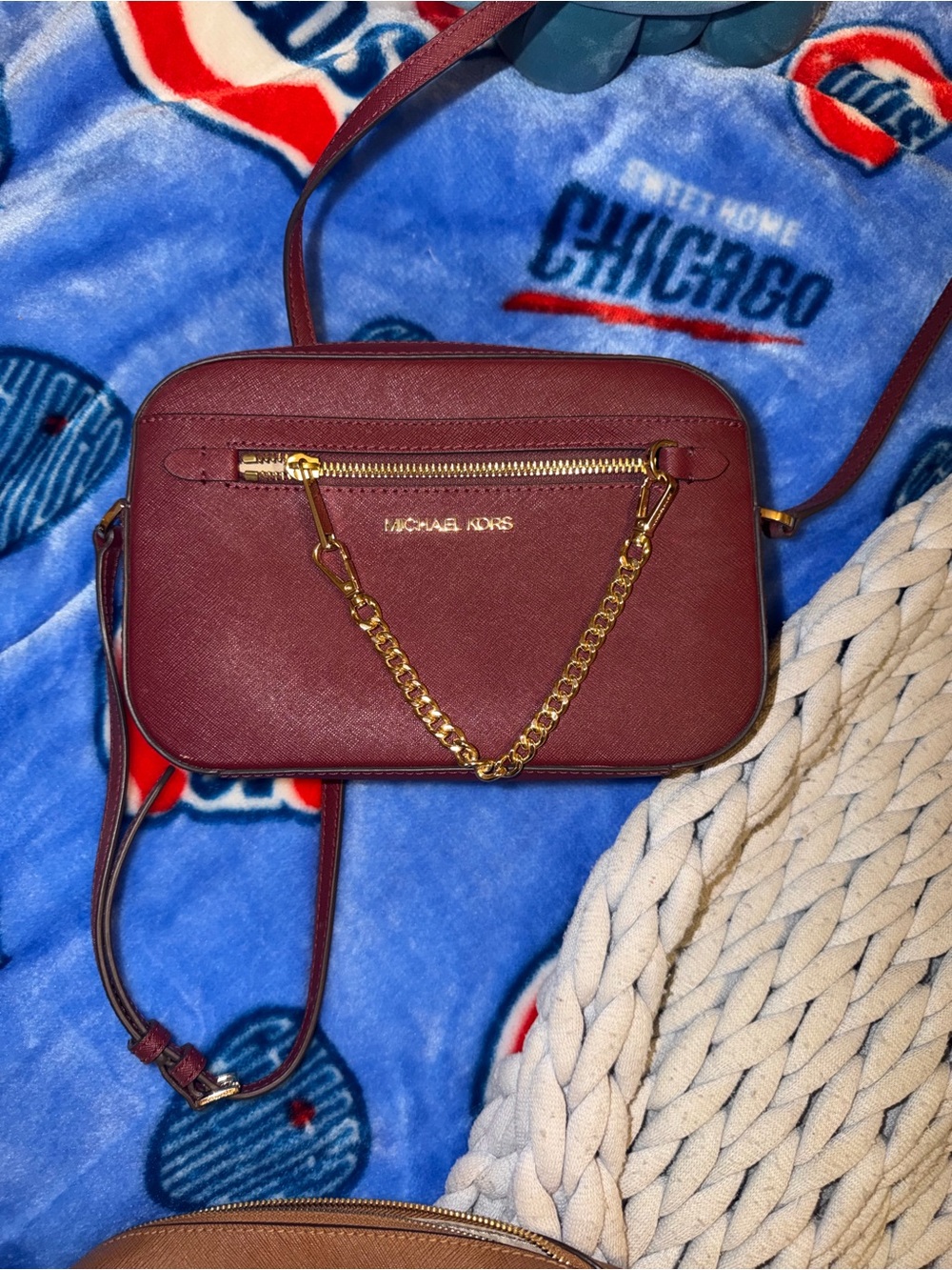 Michael Kors Maroon Saffiano Crossbody with Gold Chain Accent